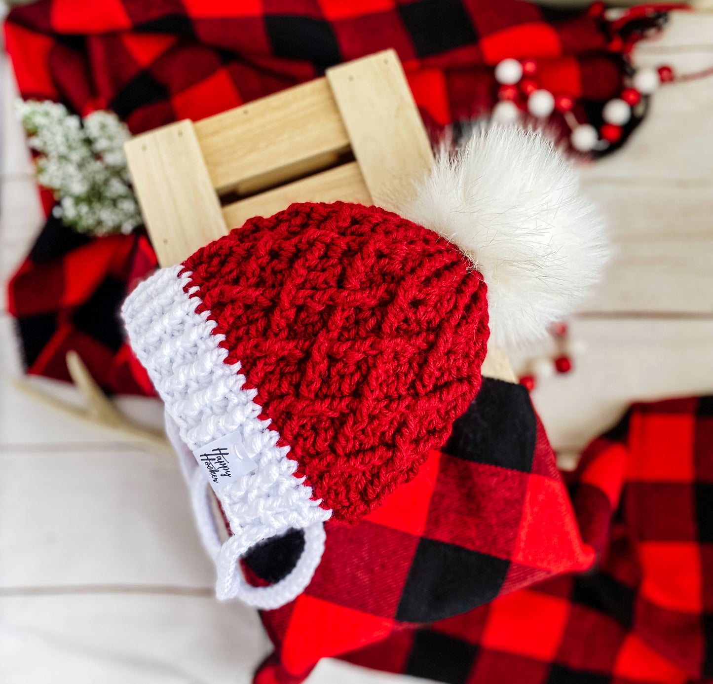 Holiday Red & White textured cable pom pom hat