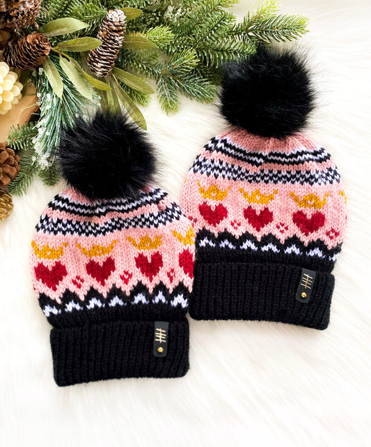 “Queen of Hearts” knitted fair isle hat with black pom