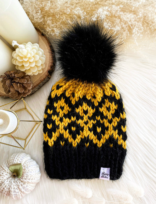 Flip Side chunky knit beanie - Black and Gold - black pom