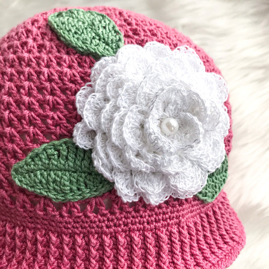 Crocheted Lace Cloche hat - Pink hat White flower