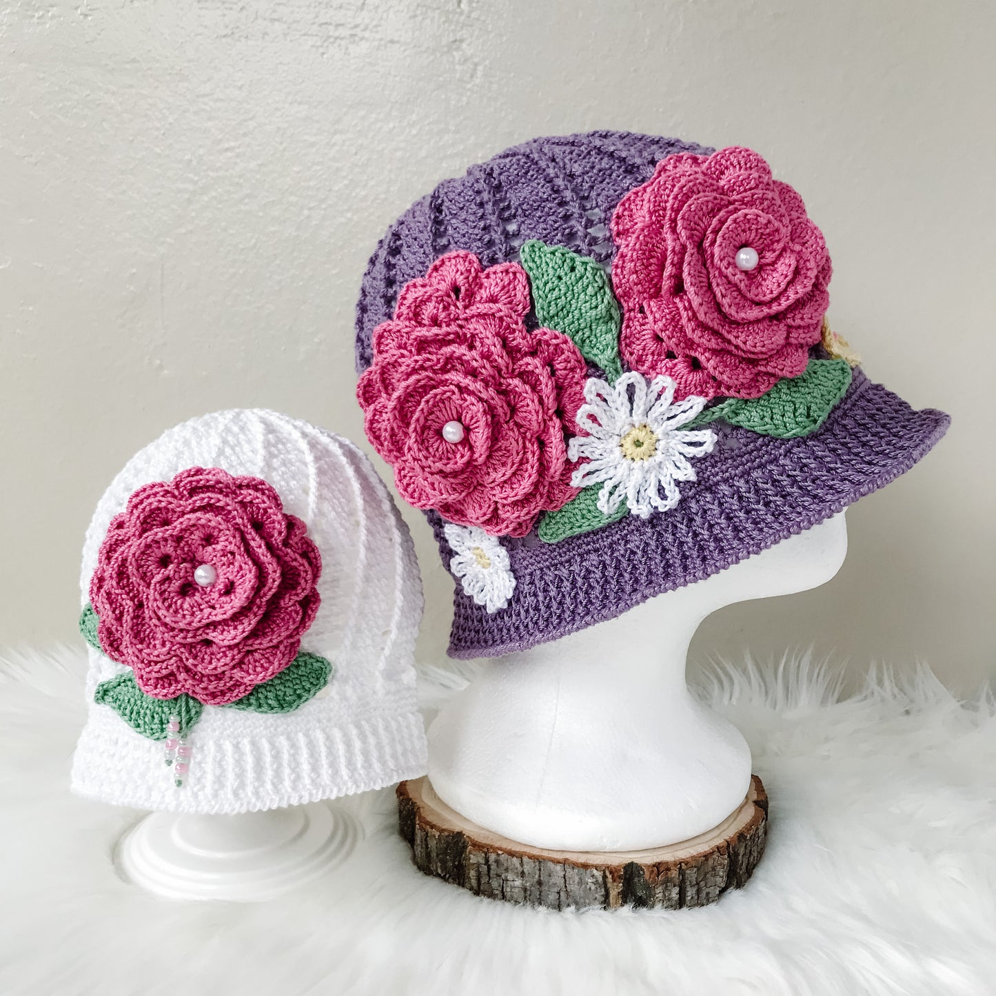 Crocheted Lace Cloche hat - Purple hat Pink flowers