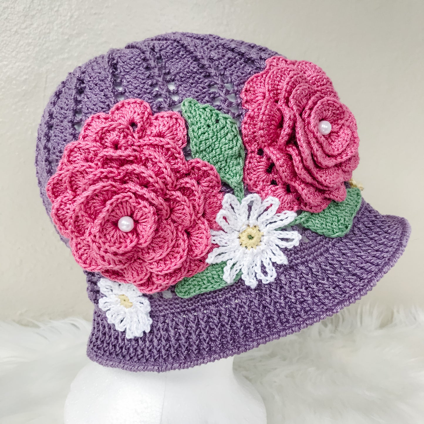 Crocheted Lace Cloche hat - Purple hat Pink flowers