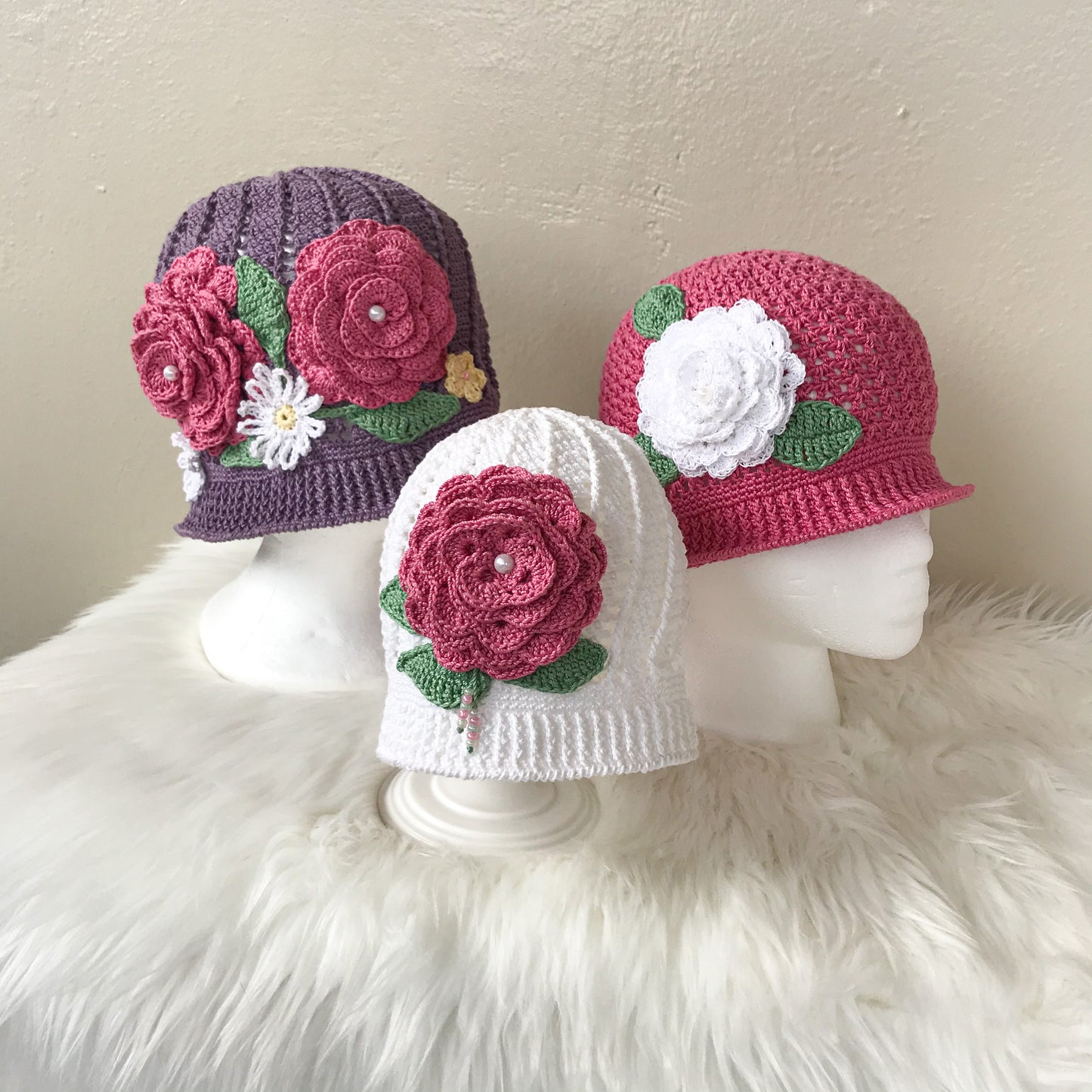 Crocheted Lace Cloche hat - Pink hat White flower