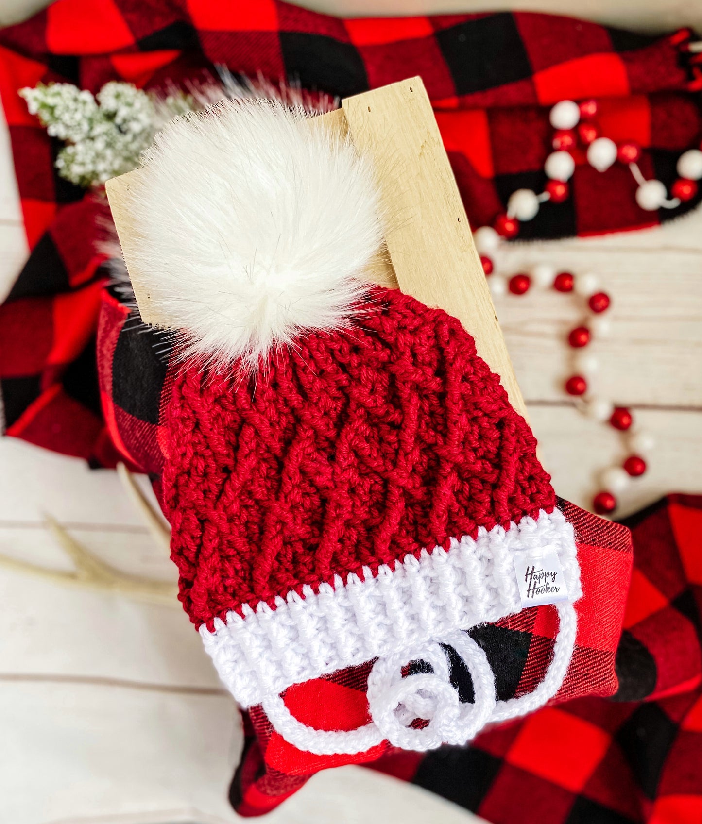 Holiday Red & White textured cable pom pom hat
