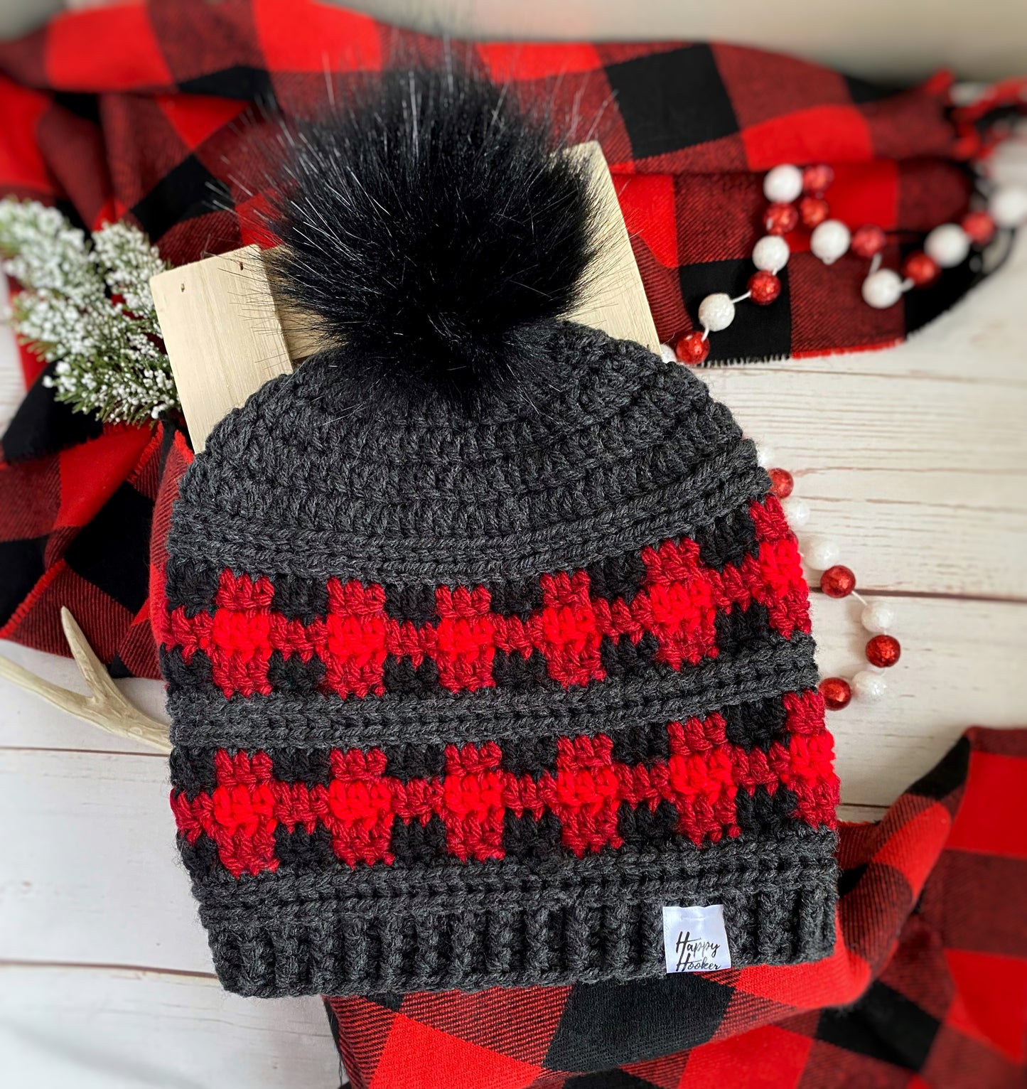 "Textured Buffalo Plaid" hat - charcoal - black wine red plaid